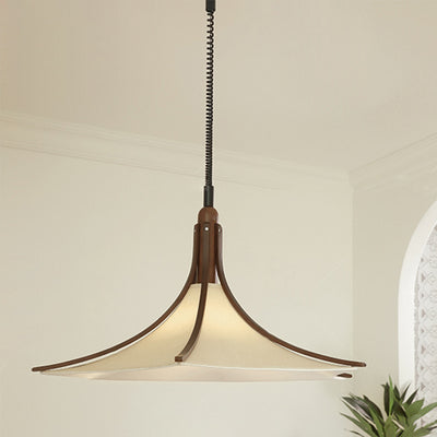 Modern Mid-Century Horn Shape Round Cone Wood Fabric 1-Light Pendant Light For Dining Room