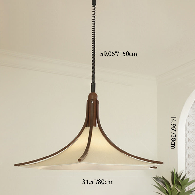 Modern Mid-Century Horn Shape Round Cone Wood Fabric 1-Light Pendant Light For Dining Room