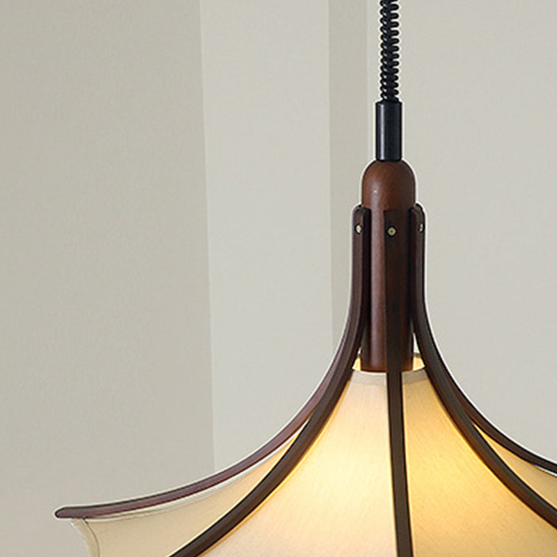 Modern Mid-Century Horn Shape Round Cone Wood Fabric 1-Light Pendant Light For Dining Room