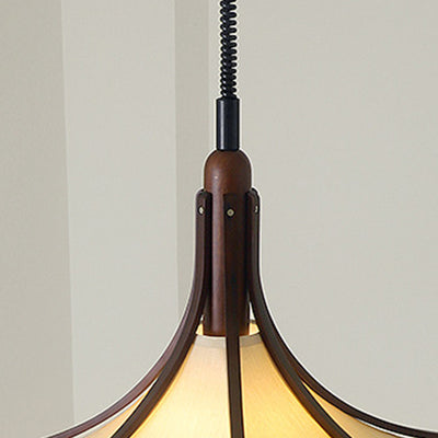 Modern Mid-Century Horn Shape Round Cone Wood Fabric 1-Light Pendant Light For Dining Room