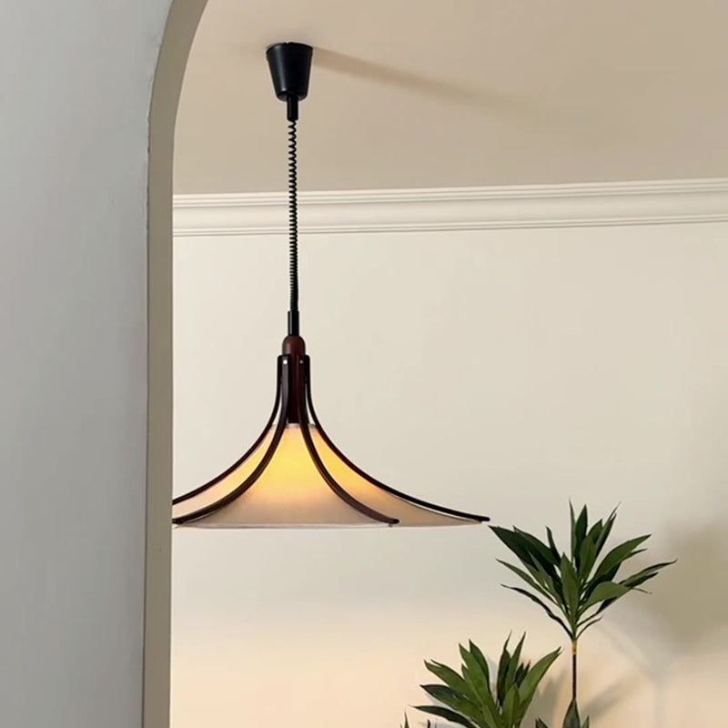 Modern Mid-Century Horn Shape Round Cone Wood Fabric 1-Light Pendant Light For Dining Room