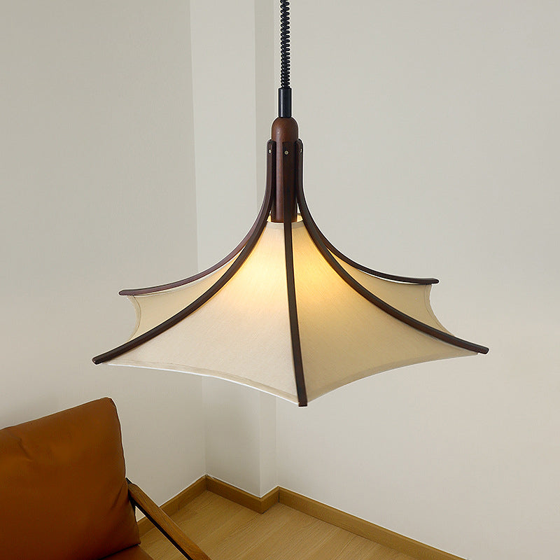 Modern Mid-Century Horn Shape Round Cone Wood Fabric 1-Light Pendant Light For Dining Room