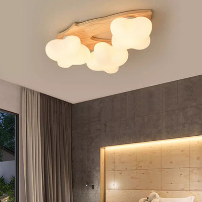 Contemporary Creative Cream Cloud Shape Rhombus Rubberwood Glass 3/5 Light Semi-Flush Mount Ceiling Light For Bedroom