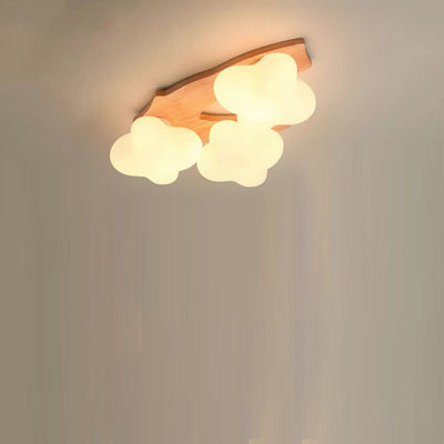 Contemporary Creative Cream Cloud Shape Rhombus Rubberwood Glass 3/5 Light Semi-Flush Mount Ceiling Light For Bedroom