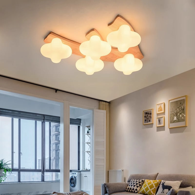 Contemporary Creative Cream Cloud Shape Rhombus Rubberwood Glass 3/5 Light Semi-Flush Mount Ceiling Light For Bedroom