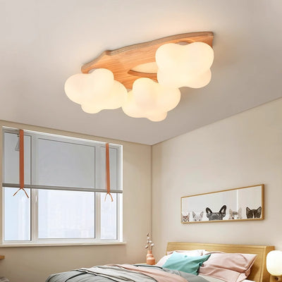 Contemporary Creative Cream Cloud Shape Rhombus Rubberwood Glass 3/5 Light Semi-Flush Mount Ceiling Light For Bedroom