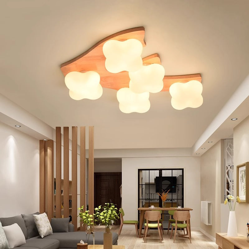 Contemporary Creative Cream Cloud Shape Rhombus Rubberwood Glass 3/5 Light Semi-Flush Mount Ceiling Light For Bedroom