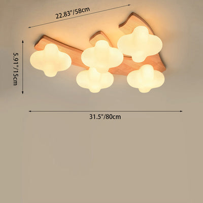 Contemporary Creative Cream Cloud Shape Rhombus Rubberwood Glass 3/5 Light Semi-Flush Mount Ceiling Light For Bedroom