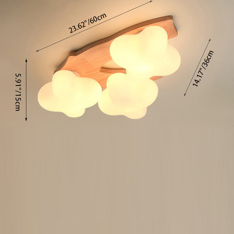 Contemporary Creative Cream Cloud Shape Rhombus Rubberwood Glass 3/5 Light Semi-Flush Mount Ceiling Light For Bedroom