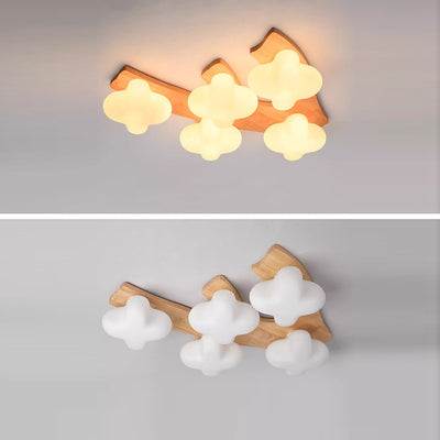 Contemporary Creative Cream Cloud Shape Rhombus Rubberwood Glass 3/5 Light Semi-Flush Mount Ceiling Light For Bedroom