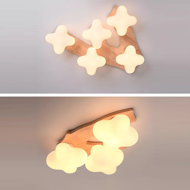 Contemporary Creative Cream Cloud Shape Rhombus Rubberwood Glass 3/5 Light Semi-Flush Mount Ceiling Light For Bedroom