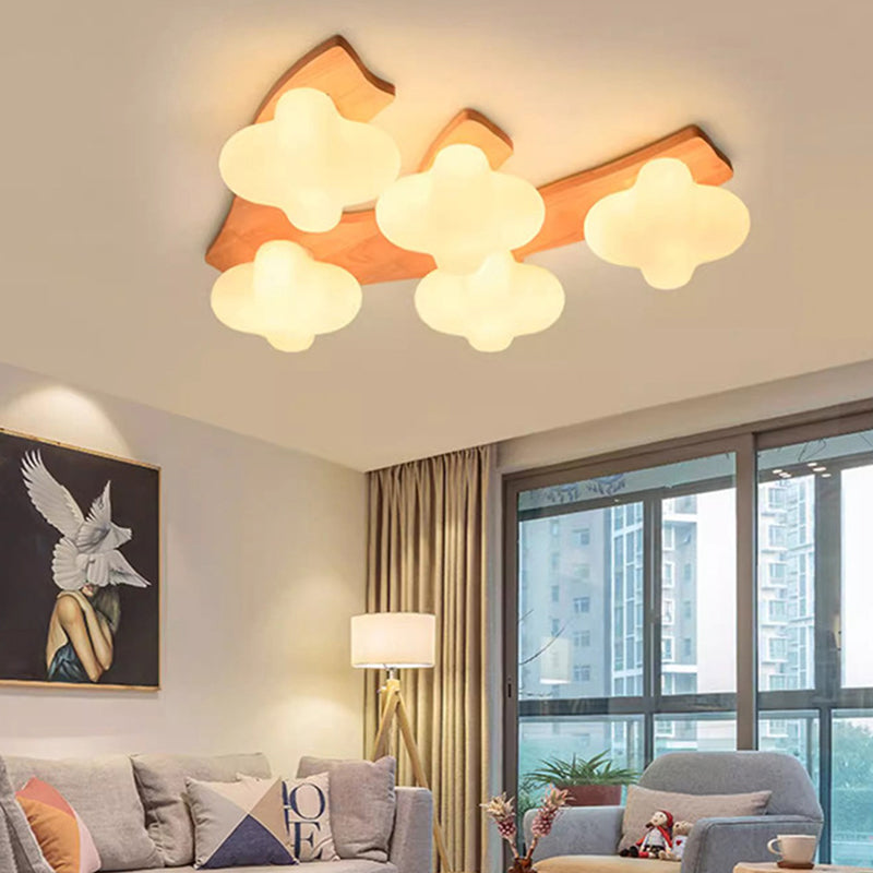 Contemporary Creative Cream Cloud Shape Rhombus Rubberwood Glass 3/5 Light Semi-Flush Mount Ceiling Light For Bedroom