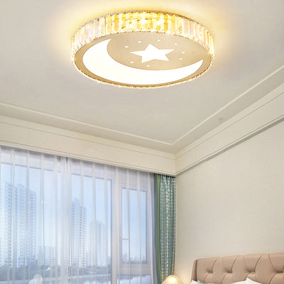 Modern Luxury Star Moon Round Square Flower Shape Stainless Steel Crystal Acrylic LED Flush Mount Ceiling Light For Bedroom