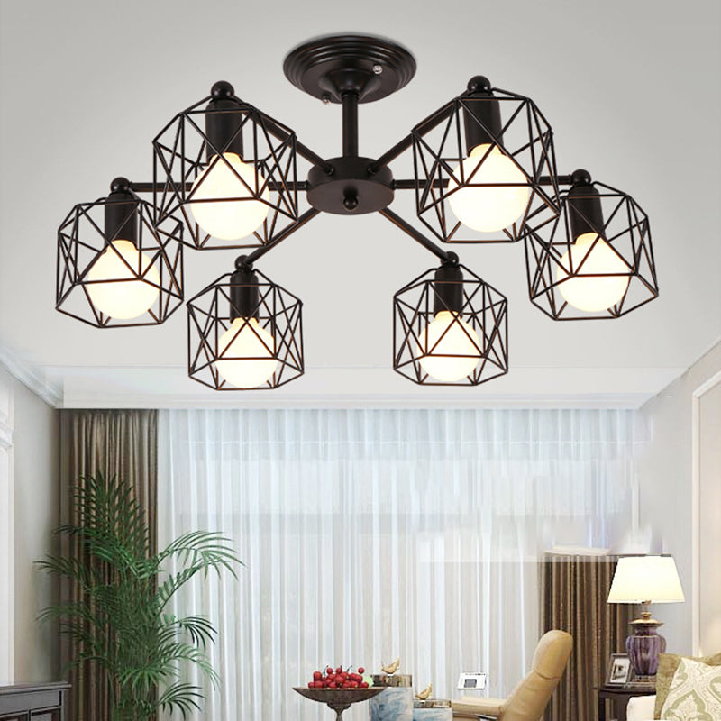 Contemporary Industrial Hexagonal Iron 3/5/6/8 Light Semi-Flush Mount Ceiling Light For Living Room