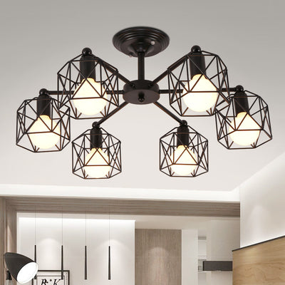 Contemporary Industrial Hexagonal Iron 3/5/6/8 Light Semi-Flush Mount Ceiling Light For Living Room