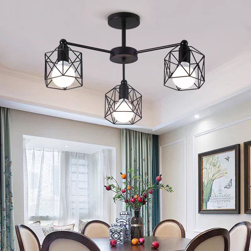 Contemporary Industrial Hexagonal Iron 3/5/6/8 Light Semi-Flush Mount Ceiling Light For Living Room