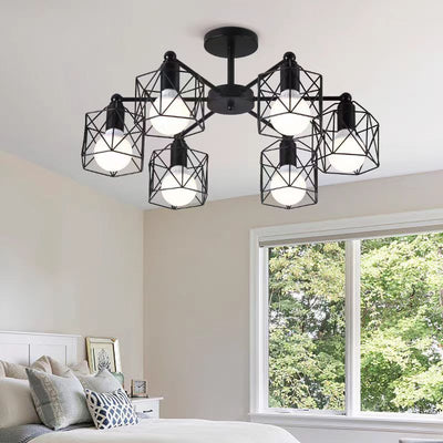 Contemporary Industrial Hexagonal Iron 3/5/6/8 Light Semi-Flush Mount Ceiling Light For Living Room