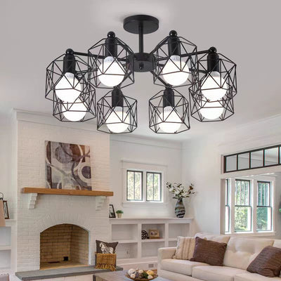 Contemporary Industrial Hexagonal Iron 3/5/6/8 Light Semi-Flush Mount Ceiling Light For Living Room