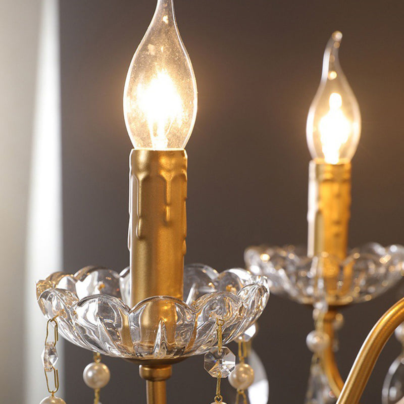 Traditional French Pearl Candle Round Iron Crystal Glass 3/6/8 Light Chandelier For Living Room