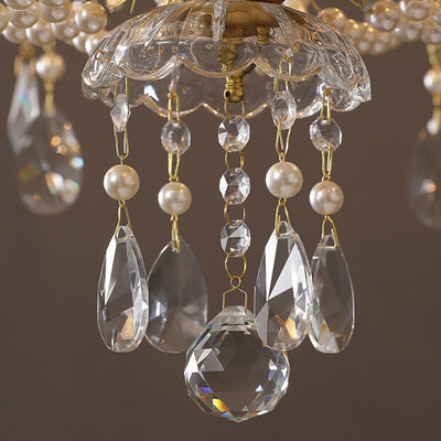 Traditional French Pearl Candle Round Iron Crystal Glass 3/6/8 Light Chandelier For Living Room