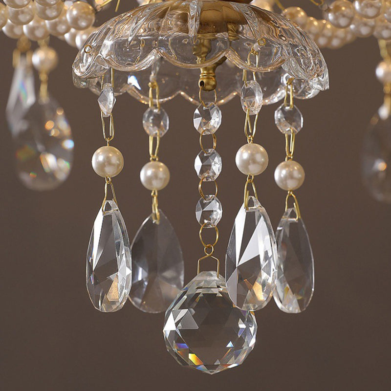 Traditional French Pearl Candle Round Iron Crystal Glass 3/6/8 Light Chandelier For Living Room