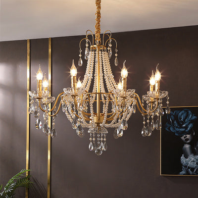 Traditional French Pearl Candle Round Iron Crystal Glass 3/6/8 Light Chandelier For Living Room