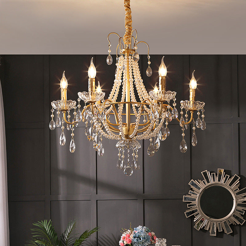 Traditional French Pearl Candle Round Iron Crystal Glass 3/6/8 Light Chandelier For Living Room