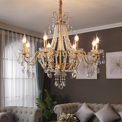 Traditional French Pearl Candle Round Iron Crystal Glass 3/6/8 Light Chandelier For Living Room