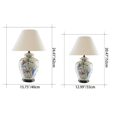 Traditional Rustic Bird Flower Oval Prism Fabric Copper Ceramic 1-Light Table Lamp For Bedroom