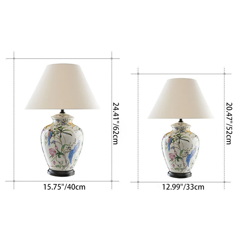 Traditional Rustic Bird Flower Oval Prism Fabric Copper Ceramic 1-Light Table Lamp For Bedroom