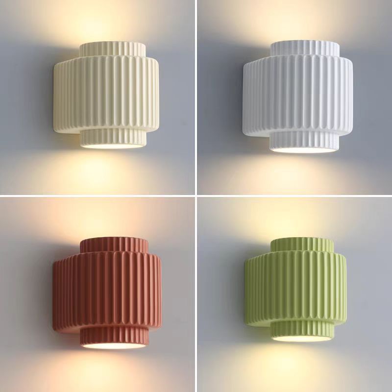 Contemporary Scandinavian Cream Cylinder Resin 2-Light Wall Sconce Lamp For Bedroom