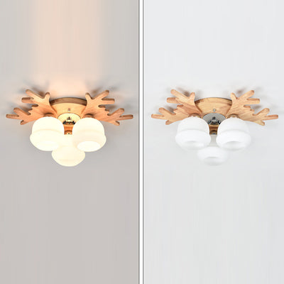 Contemporary Creative Antler Round Cylinder Wood Glass 3/5/7 Light Semi-Flush Mount Ceiling Light For Bedroom