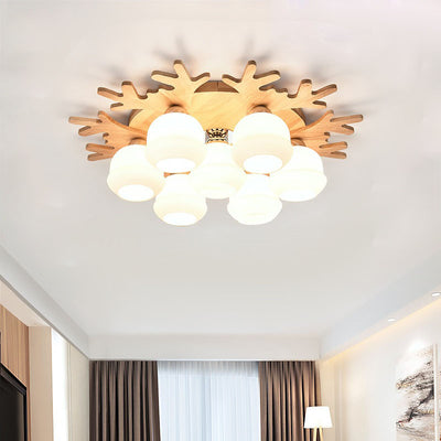 Contemporary Creative Antler Round Cylinder Wood Glass 3/5/7 Light Semi-Flush Mount Ceiling Light For Bedroom