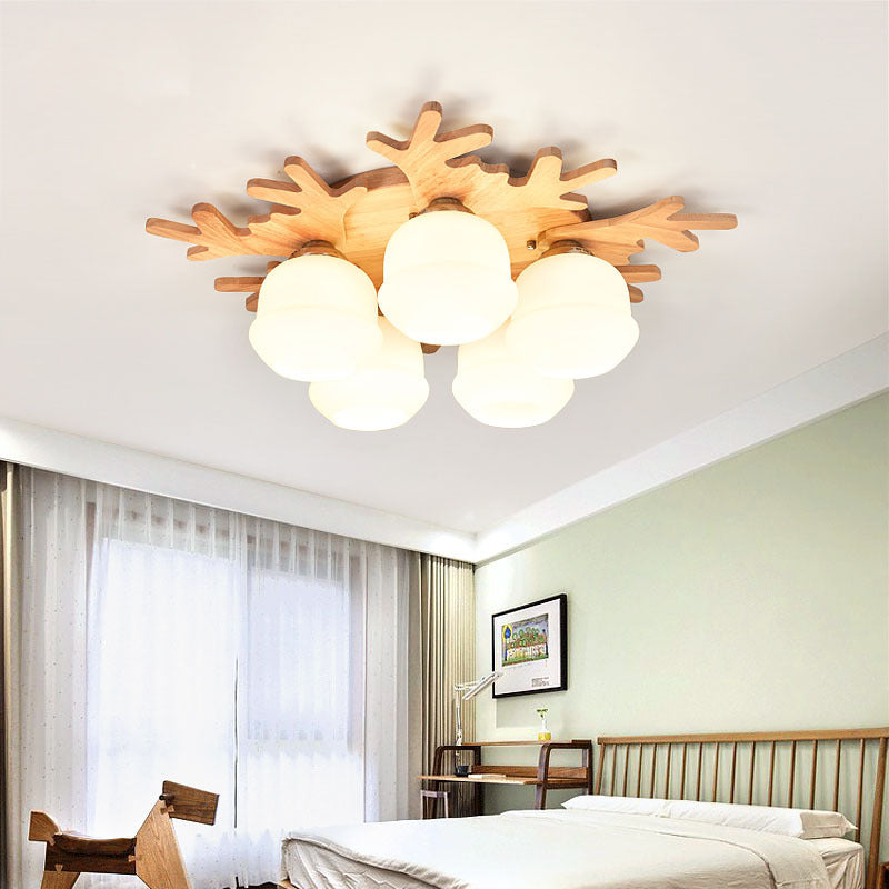 Contemporary Creative Antler Round Cylinder Wood Glass 3/5/7 Light Semi-Flush Mount Ceiling Light For Bedroom