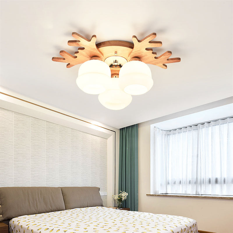 Contemporary Creative Antler Round Cylinder Wood Glass 3/5/7 Light Semi-Flush Mount Ceiling Light For Bedroom