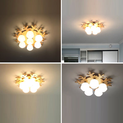 Contemporary Creative Antler Round Cylinder Wood Glass 3/5/7 Light Semi-Flush Mount Ceiling Light For Bedroom