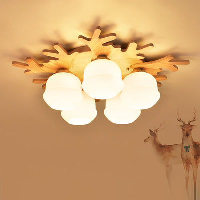 Contemporary Creative Antler Round Cylinder Wood Glass 3/5/7 Light Semi-Flush Mount Ceiling Light For Bedroom