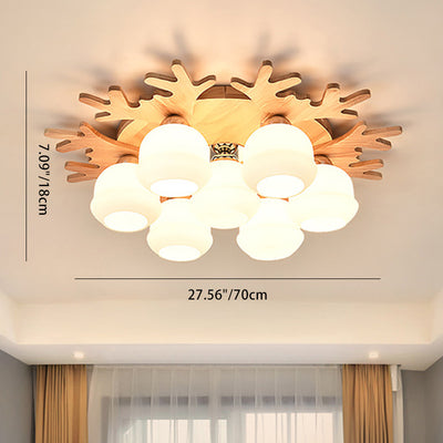 Contemporary Creative Antler Round Cylinder Wood Glass 3/5/7 Light Semi-Flush Mount Ceiling Light For Bedroom