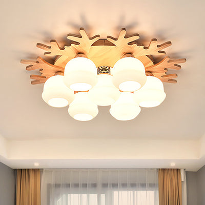 Contemporary Creative Antler Round Cylinder Wood Glass 3/5/7 Light Semi-Flush Mount Ceiling Light For Bedroom