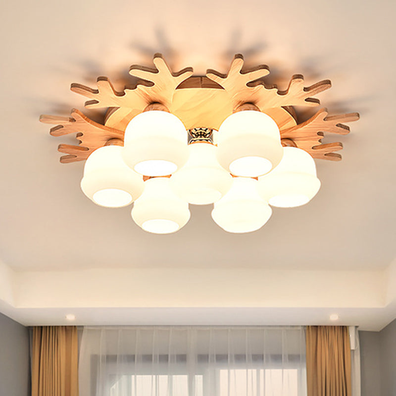 Contemporary Creative Antler Round Cylinder Wood Glass 3/5/7 Light Semi-Flush Mount Ceiling Light For Bedroom