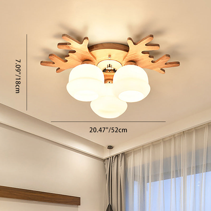 Contemporary Creative Antler Round Cylinder Wood Glass 3/5/7 Light Semi-Flush Mount Ceiling Light For Bedroom