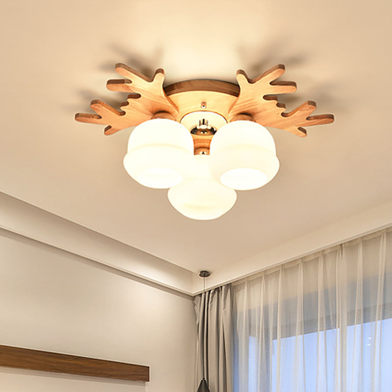 Contemporary Creative Antler Round Cylinder Wood Glass 3/5/7 Light Semi-Flush Mount Ceiling Light For Bedroom