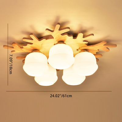 Contemporary Creative Antler Round Cylinder Wood Glass 3/5/7 Light Semi-Flush Mount Ceiling Light For Bedroom