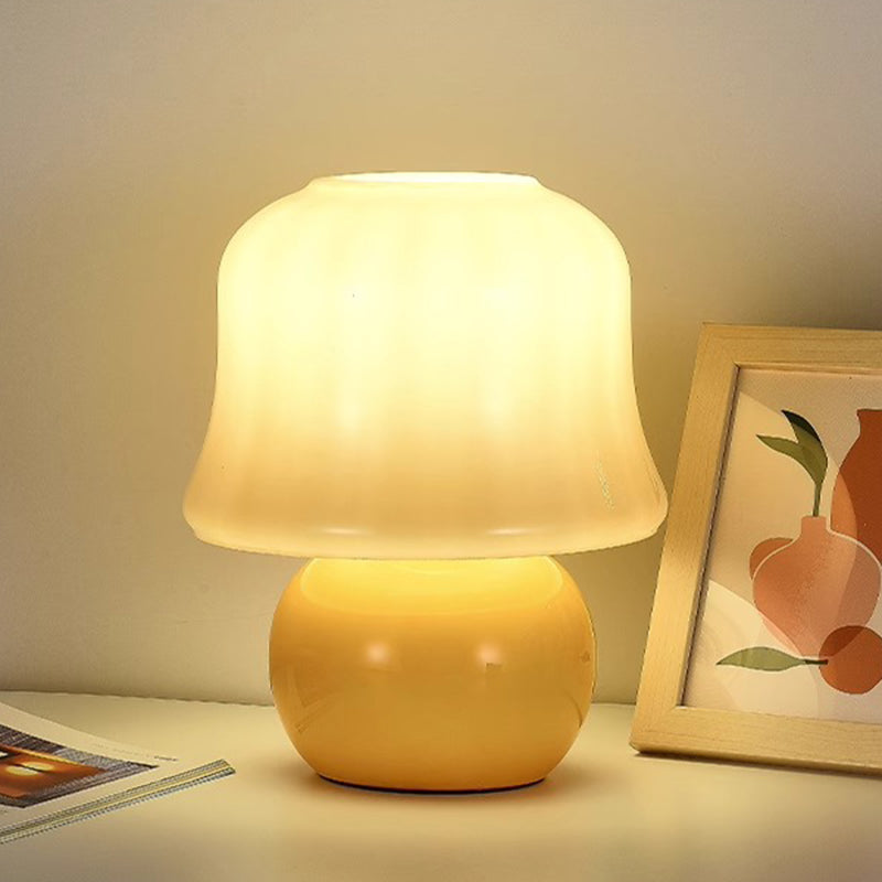 Contemporary Scandinavian Cream Mushroom Shape Round Glass 1-Light Table Lamp For Bedroom