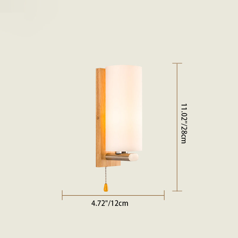 Modern Minimalist Rectangular Cylinder Wood Glass 1-Light Wall Sconce Lamp For Bedroom