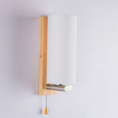 Modern Minimalist Rectangular Cylinder Wood Glass 1-Light Wall Sconce Lamp For Bedroom