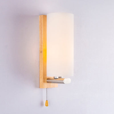 Modern Minimalist Rectangular Cylinder Wood Glass 1-Light Wall Sconce Lamp For Bedroom