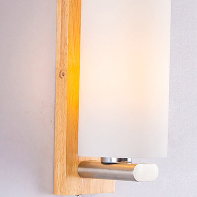 Modern Minimalist Rectangular Cylinder Wood Glass 1-Light Wall Sconce Lamp For Bedroom