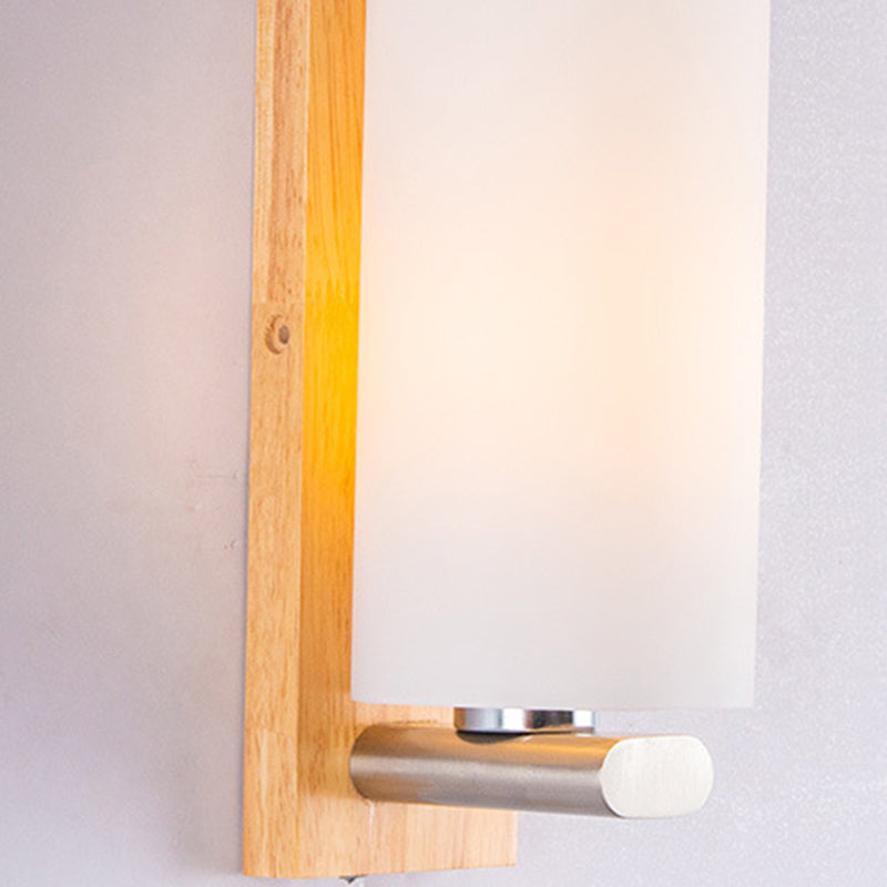 Modern Minimalist Rectangular Cylinder Wood Glass 1-Light Wall Sconce Lamp For Bedroom