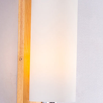 Modern Minimalist Rectangular Cylinder Wood Glass 1-Light Wall Sconce Lamp For Bedroom